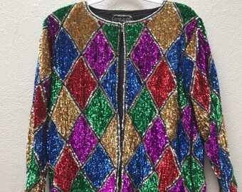 Vintage Colorful Checkered Sequin Jacket - Large Size | Statement Cardigan for a Retro Sparkle