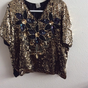 XL Vintage Gold Silk Sequined Blouse