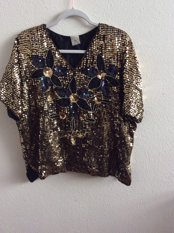 XL Vintage Gold Silk Sequined Blouse