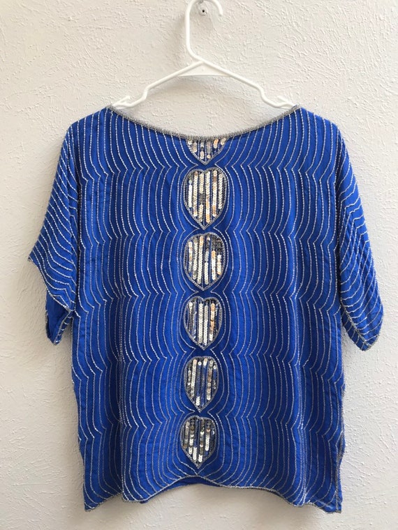 MEDIUM Blue and silver sequin silk top - image 1