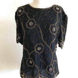 Top vintage dorado con lentejuelas sobre seda negra / Extra grande / Impresionante vestido de noche o formal