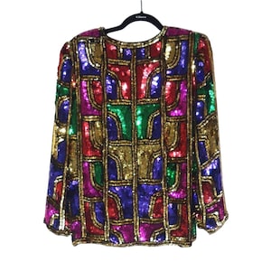 Vintage Sequin Jacket – Multicolor Geometric Beaded Silk Blazer – Size Small, Handcrafted 1980s Party Statement Piece