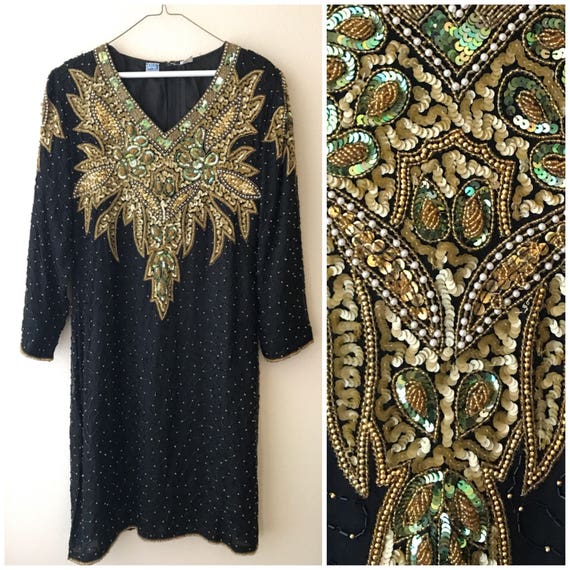 black and gold beaded dress