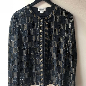 SMALL Black and gold beaded jacket, vintage beaded jacket, checker pattern, black and brown jacket