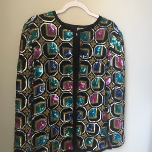 Vintage sequin jacket with colorful pattern fun bold party jacket trophy jacket