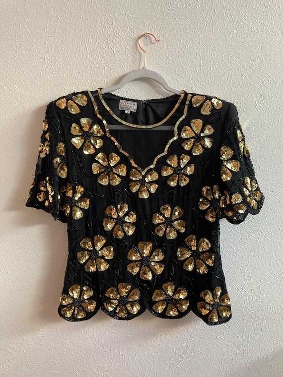 Large Gold Sequin Flower pattern top - image 1