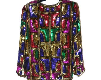 SMALL Colorful Vintage Small Sequin Jacket, Rainbow Jacket, Vintage beaded jacket, geometric pattern jacket, jacket for parties festivals