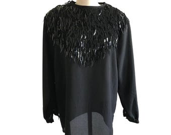 Black Long-Sleeve Fringe Top Medium With Sequin Detailing & Sheer Hem