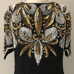 XL Silver and gold Lawrence Kazar dress , vintage sequin dress , gold gown, black dress , sequin dress