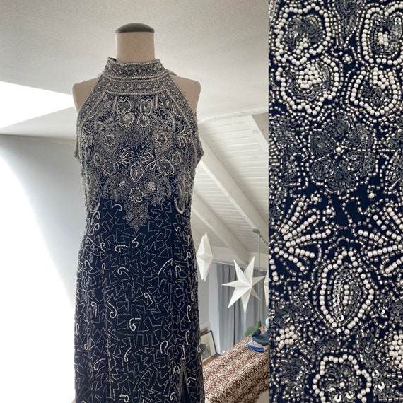 Black and White Vintage Beaded Gown Dress - image 1