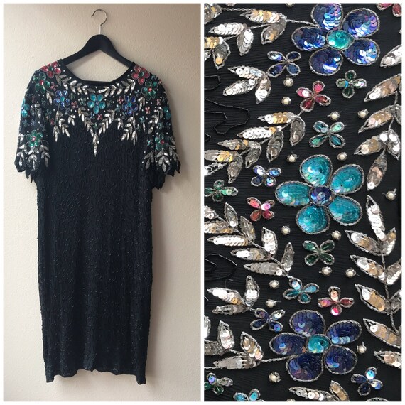 XL Black sequin dress, beaded black dress , sequin