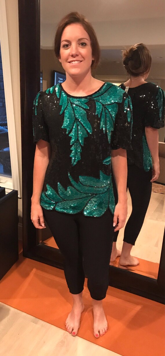 LARGE Tropical leaf pattern sequin shirt, vintage… - image 10