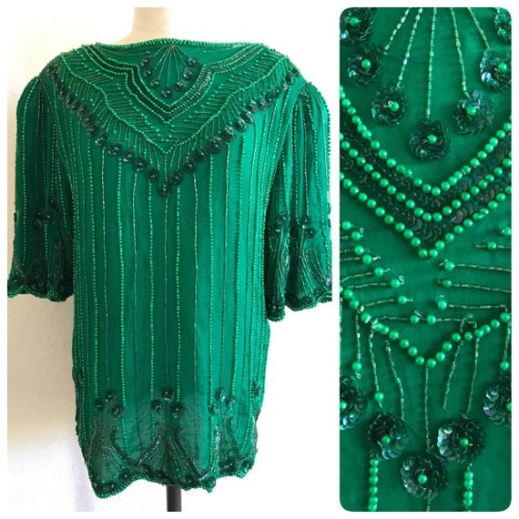 MEDIUM Vintage Emerald Green Beaded Top | Iridesc… - image 1