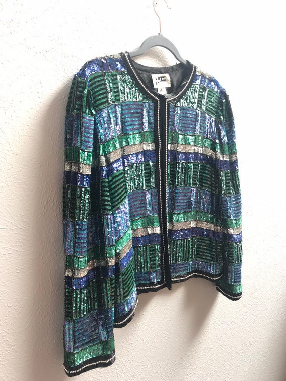 Large Green and blue sequin plaid jacket