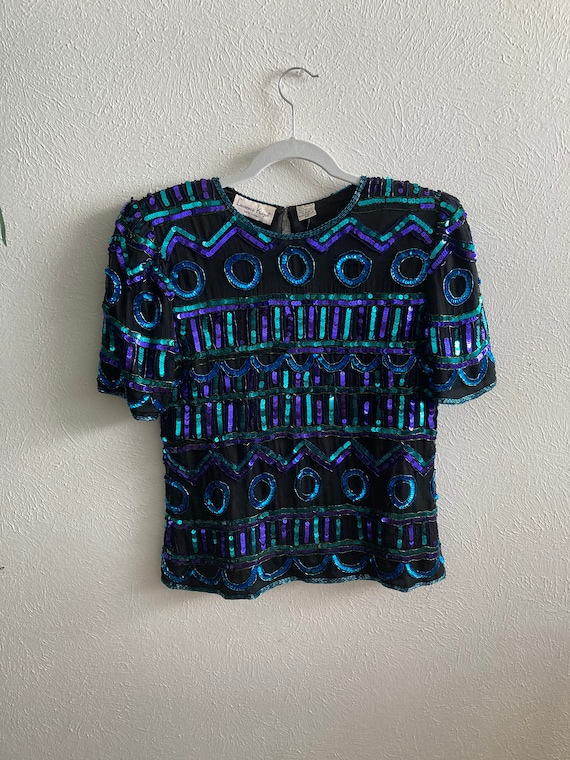 Medium vintage sequin blue and turquoise top
