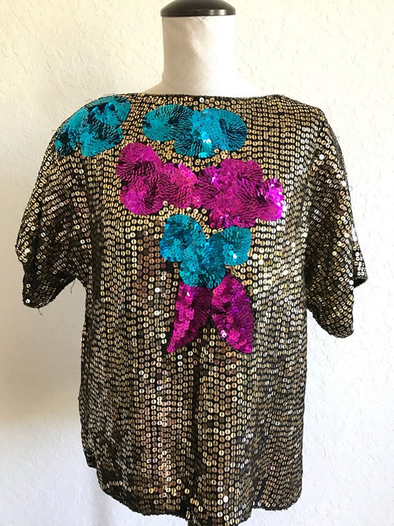 Large gold sequin shirt -pink and blue abstract f… - image 4