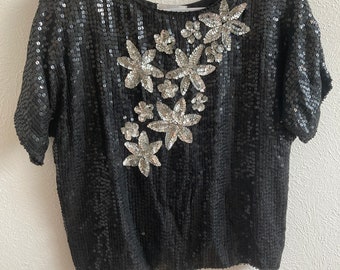 Vintage silver flower black sequin top