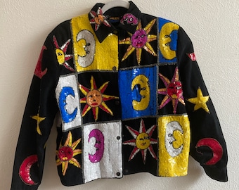 XL XXL Modi Denim Sun and Moon Sequin Denim Jacket