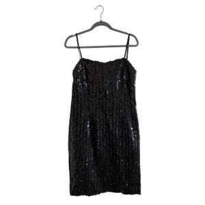 Vintage Black Sequin Mini Dress | 90s Spaghetti Strap Party Dress | Bodycon Glam Night Out Slip Dress | Size L