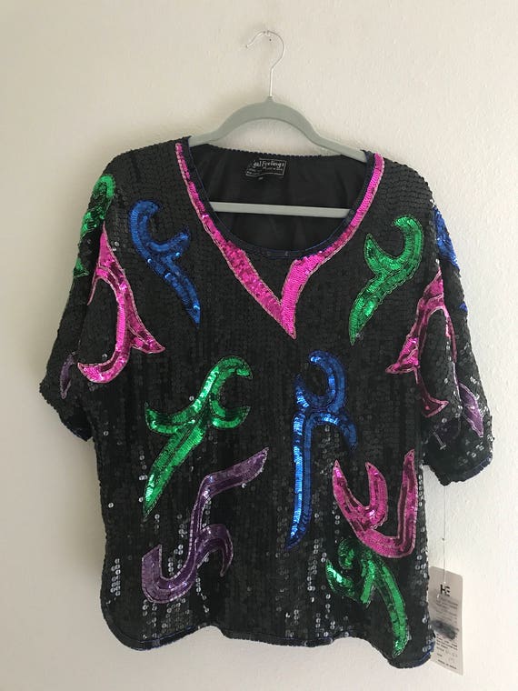 Medium Colorful sequin party top , vintage sequin… - image 4