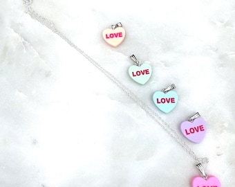 Conversation Heart Necklace: Valentine 'LOVE”, 18" Silver Tone Chain