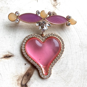 Fun large pink heart and rhinestone brooch