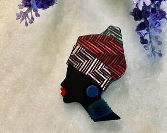 Woman in head wrap acrylic brooch