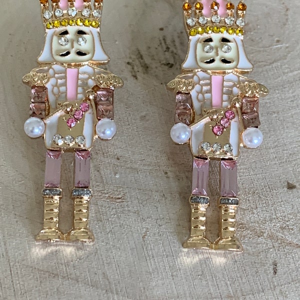 Cute pink rhinestone and enamel nutcracker earrings