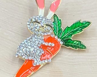 Whimsical rhinestone and enamel  bunny rabbit on a carrot brooch