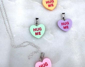 Conversation Heart Necklace: Valentine 'HUG ME”, 18" Silver Tone Chain