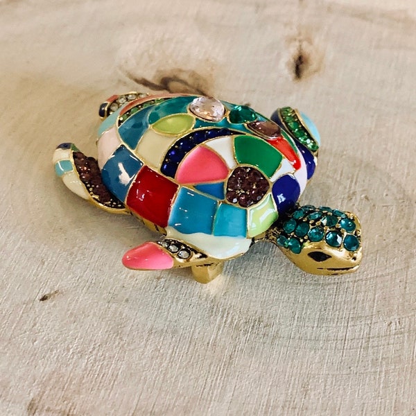 Multicolored enamel and rhinestone turtle brooch