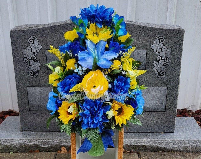 Shades of Blue Yellow Permanent Cemetery Vase Insertvase Grave Flowers