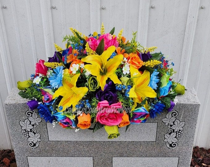 Bright Multi Color Cemetery Headstone Saddlegrave Headstone Flowers
