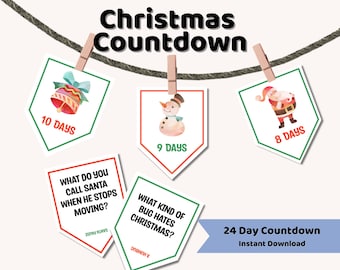 Christmas Countdown Printable with Daily Jokes, Advent Calendar, Instant Download