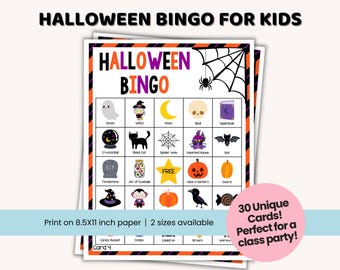Halloween Bingo For Kids, Halloween Classroom Party Activity, Instant Download