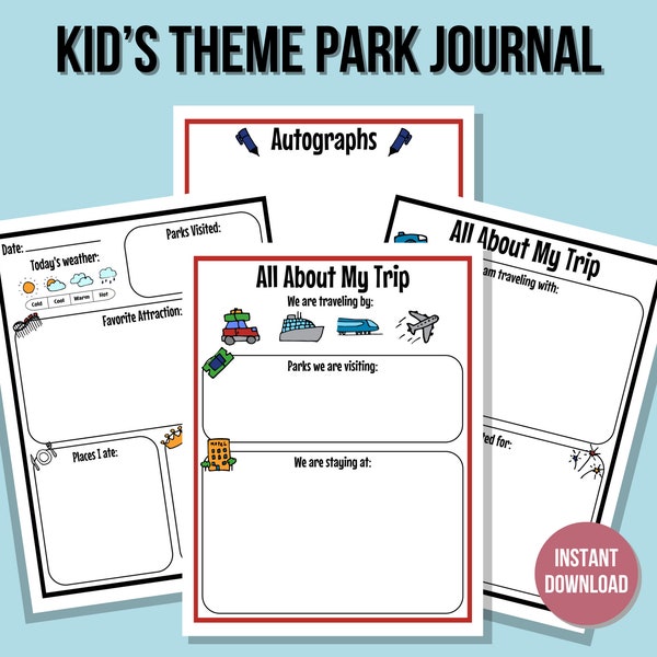 Kid's Theme Park Vacation Journal, Florida Vacation, Instant Download