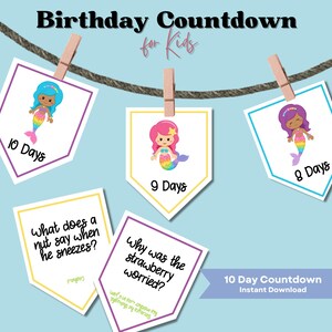 Mermaid Birthday Countdown Calendar, Kid&#39;s Jokes, Instant Download