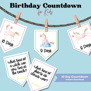 Unicorn Birthday Countdown Banner For Kids, Kid&#39;s Jokes, Instant Download