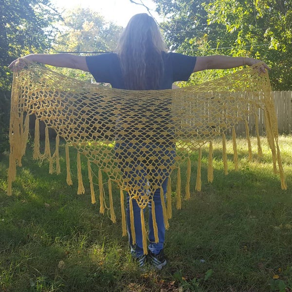 Yellow Crochet Shawl - Triangle Wrap with Fringe - Prayer Shawl - Spring Summer Cover Up - Women's Teen's Outerwear - Lace Scarf