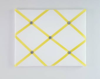 White Vision Board - Yellow Fabric Ribbon Board - Gray French Memo Board - Kitchen Pin Board - Bulletin Board - Office Wall Organizer