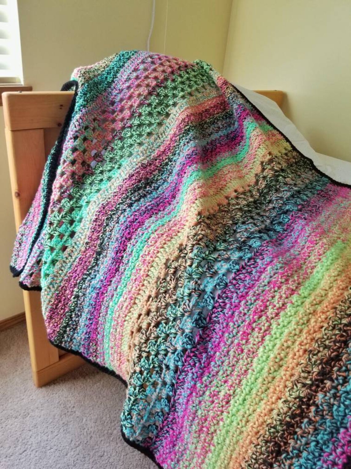 Neon Tweed Crochet Throw Bright Colors Baby Blanket Black Etsy