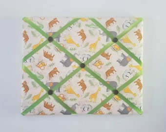 Safari Animal Fabric Ribbon Board - Tan Vision Board - Elephant Memo Board - Nursery Wall Decor - Giraffe Pin Board - Monkey Bulletin Board