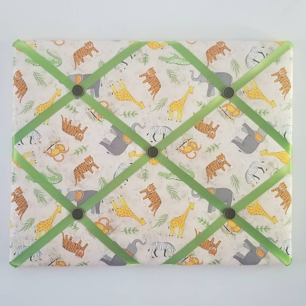 Safari Animal Fabric Ribbon Board - Tan Vision Board - Elephant Memo Board - Nursery Wall Decor - Giraffe Pin Board - Monkey Bulletin Board