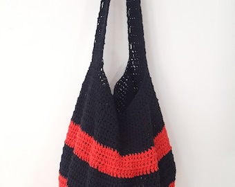 Red Black Basic Crochet Bag - Red Black Crochet Purse - Red Reusable Grocery Bag - Black Weekend Bag - Red Market Bag - Black Shopping Bag