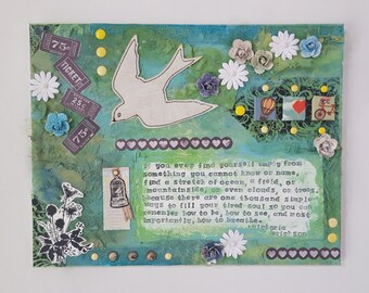 How to Breathe Collage - Mixed Media Art - Altered Art Collage - Green Blue White Collage - Collage Wall Art - Collage Wall Decor