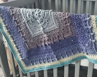 Blue Teal Gray and Green Stroller Baby Blanket - Striped Crochet Lap Throw