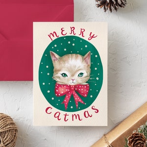 Tarjeta de Navidad - Tarjeta linda - Tarjeta de vacaciones - Ilustración de gato - Arte de gato - Tarjeta retro