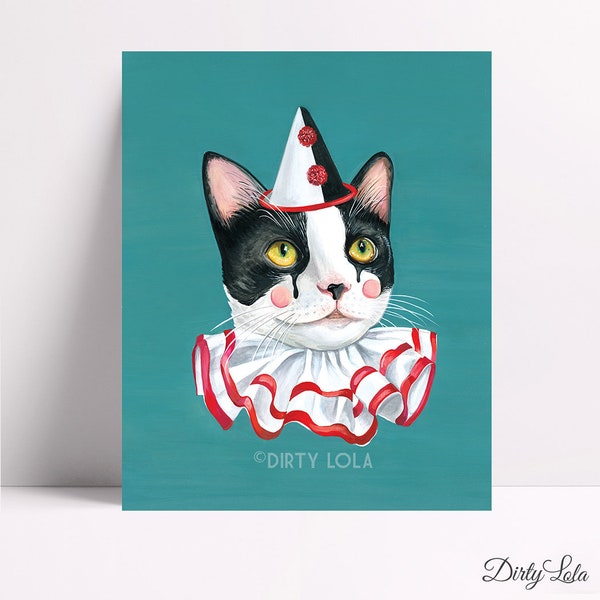 Madame Poulet  Art Print  - Painting - Art - Cat - Sad Clown - Vintage Inspired - Original Artwork