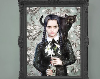 Wednesday - Gothic - Portrait - Illustration - Art Print - Fan Art  - Cat Art - Black Cat