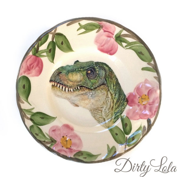 Vintage - Illustrated - Dinosaur - T Rex - MEDIUM Plate - Upcycled - Wall Display - China - Floral - Altered - Antique Plate